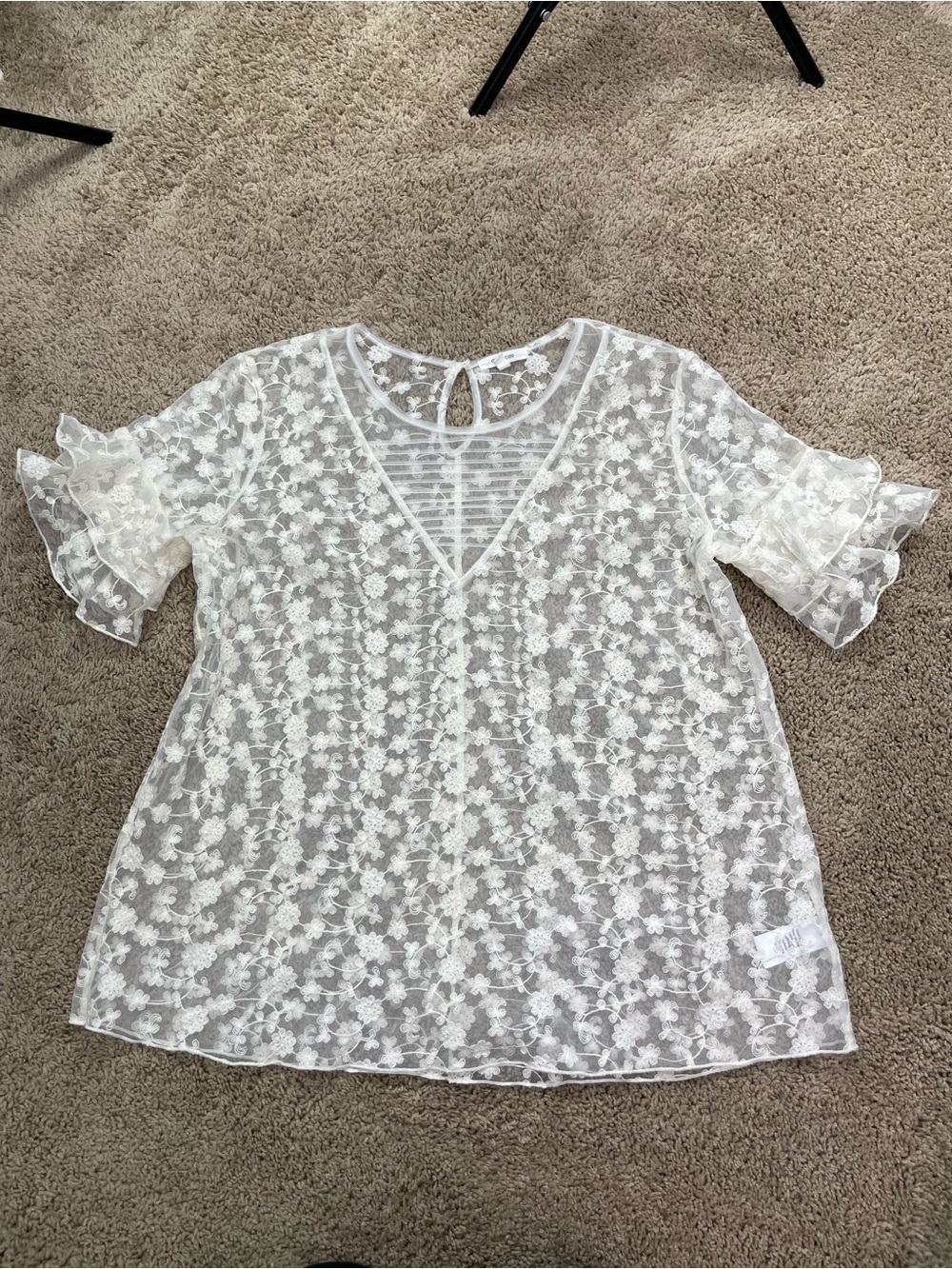 Maurices White Floral Lace Ruffle Sleeve Sheer Blouse